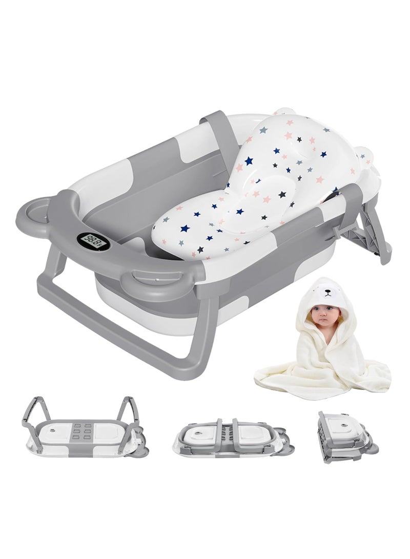 NNEWVANTE حوض استحمام قابل للطي للرضع مع مقياس حرارة و 1 منشفة مغطاة و 1 وسادة عائمة ناعمة، حوض استحمام محمول مع فتحة تصريف، أحواض استحمام للأطفال الرضع قابلة للطي ومتينة للرضع حتى toddlers - Image 1