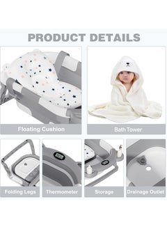 NNEWVANTE Collapsible Baby Bathtub for Newborn with Thermometer & 1 Hooded Towel & 1 Soft Floating Cushion,Portable Travel Bathtub with Drain Hole, Durable Foldable Baby Tubs for Infants to Toddler  - Image 4