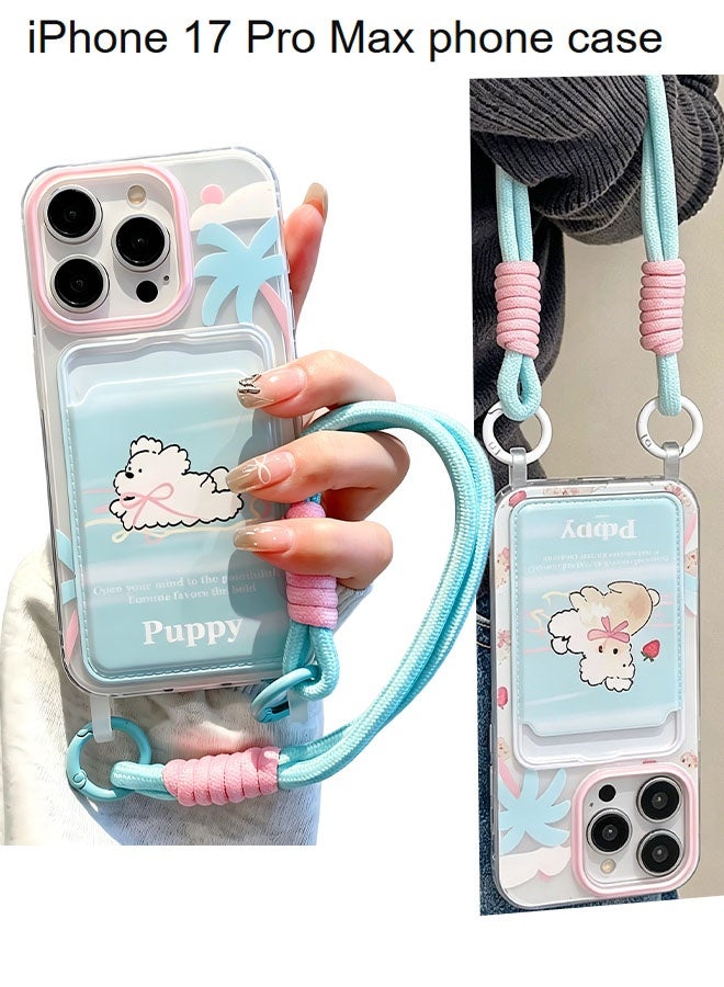 Happy D iPhone 17 Pro Max phone case, blue puppy print with laser glossy pattern, cute puppy with card holder and lanyard, delicate phone case, stylish and durable TPU protective case, suitable for girls and women - Image 1