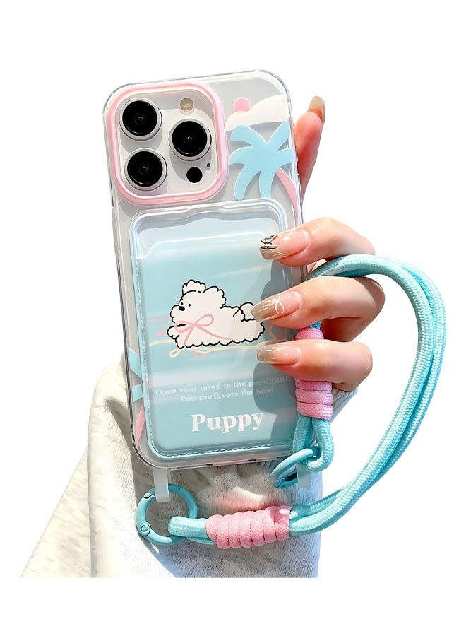 Happy D iPhone 17 Pro Max phone case, blue puppy print with laser glossy pattern, cute puppy with card holder and lanyard, delicate phone case, stylish and durable TPU protective case, suitable for girls and women - Image 2