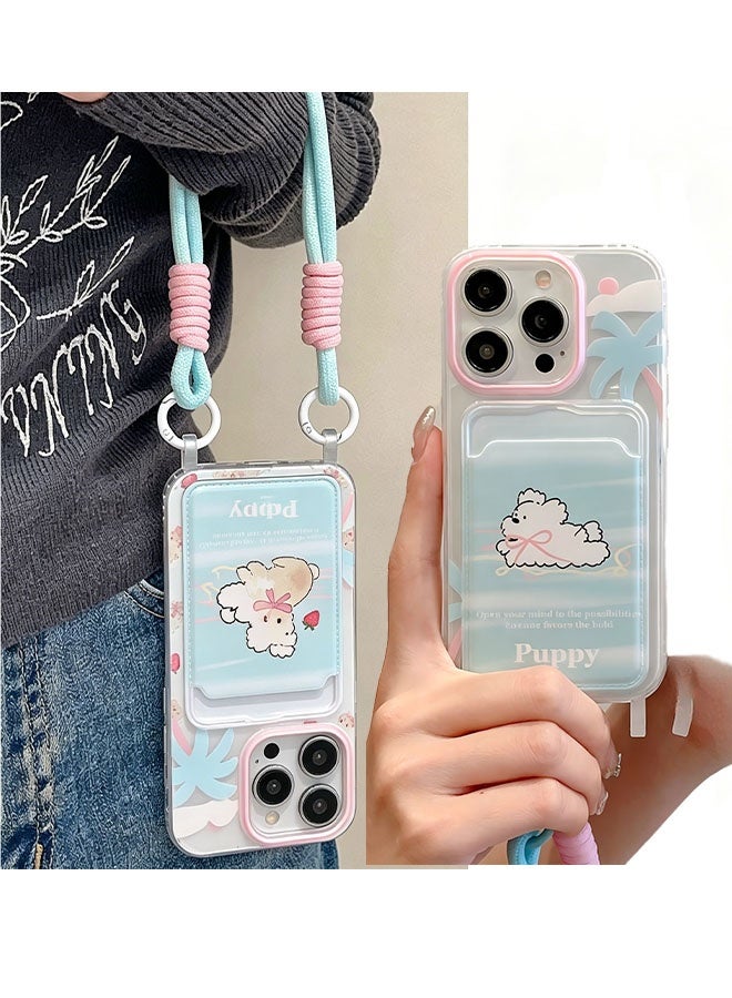 Happy D iPhone 17 Pro Max phone case, blue puppy print with laser glossy pattern, cute puppy with card holder and lanyard, delicate phone case, stylish and durable TPU protective case, suitable for girls and women - Image 3