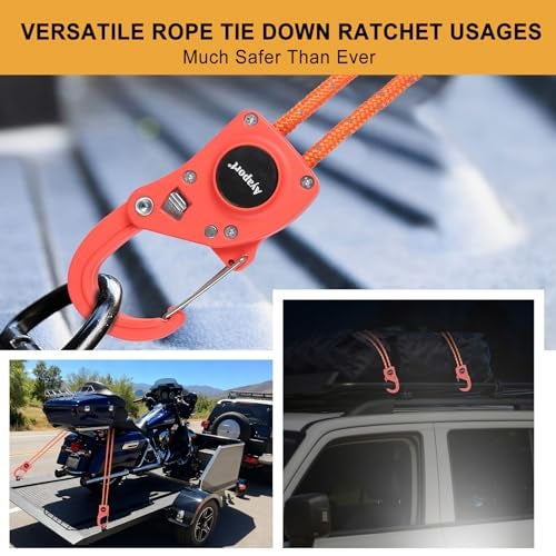 Ayaport Rope Ratchet Tie Down with Safety Lock Clip 1/4" x 12' Heavy Duty One-Piece Adjustable Kayak Straps for Tent, Tarp, Canopy Tie Downs,2Pk Orange - Image 4
