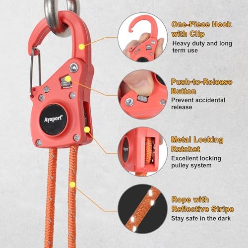 Ayaport Rope Ratchet Tie Down with Safety Lock Clip 1/4" x 12' Heavy Duty One-Piece Adjustable Kayak Straps for Tent, Tarp, Canopy Tie Downs,2Pk Orange - Image 3