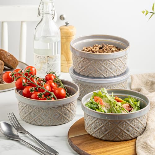 MISSYSSIM Ceramic Bowls with Lids set of 4, Soup Bowls, 28 oz Charcuterie Bowls Set for Kitchen, Food Storage Container Bowls Dishwasher & Microwave Safe for Salad, Pasta, Snack, Oatmeal, Fruit, Grey - Image 2