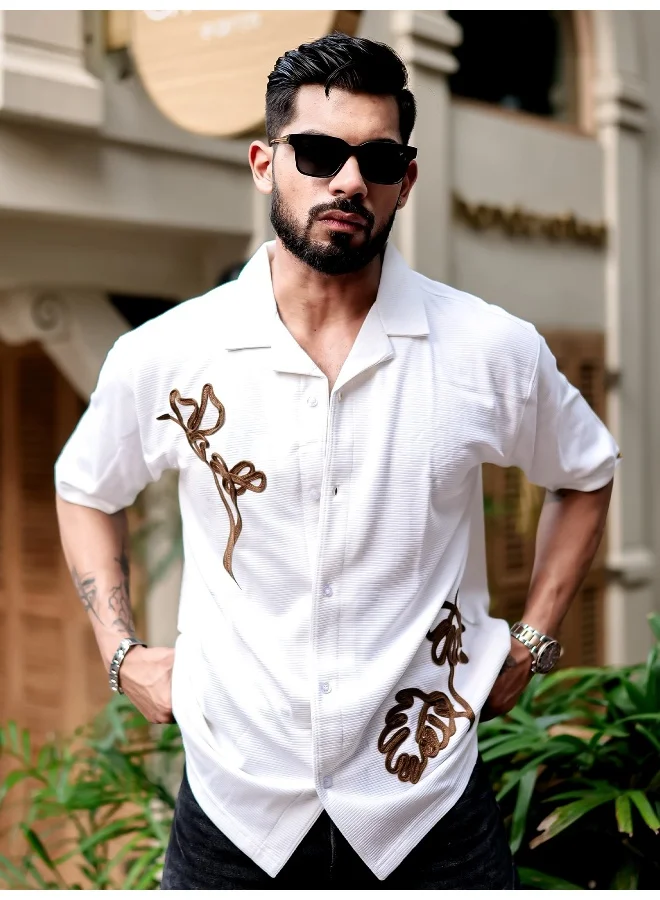 مانياك Maniac Men Embroidery 3/4th Sleeve 3/4th White Cotton Shirt