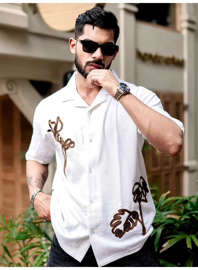 مانياك Maniac Men Embroidery 3/4th Sleeve 3/4th White Cotton Shirt