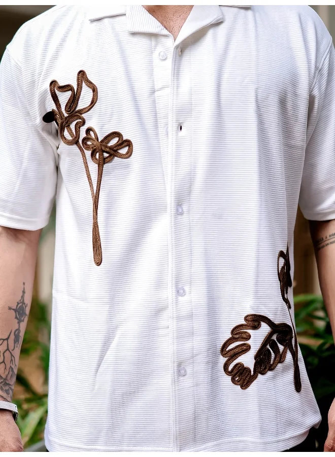 مانياك Maniac Men Embroidery 3/4th Sleeve 3/4th White Cotton Shirt