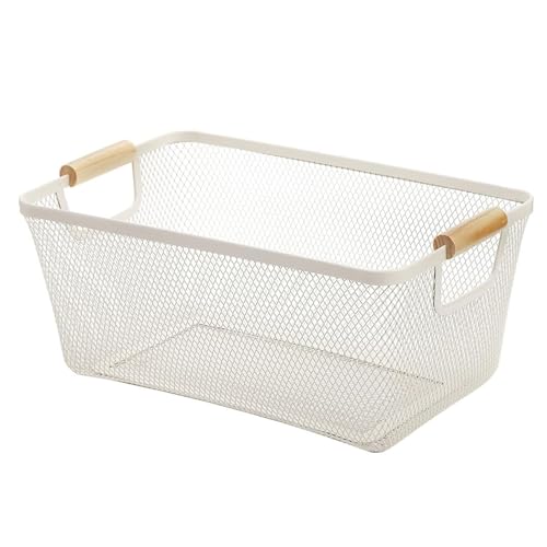 AJIODA Metal Mesh Steel Basket, Large Wire Storage Organizer Basket Multi-function Hanging Kitchen Baskets with Wood Handle for Kitchen Bathroom Picnic Home, Rectangle-Off White - Image 1