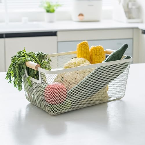 AJIODA Metal Mesh Steel Basket, Large Wire Storage Organizer Basket Multi-function Hanging Kitchen Baskets with Wood Handle for Kitchen Bathroom Picnic Home, Rectangle-Off White - Image 2