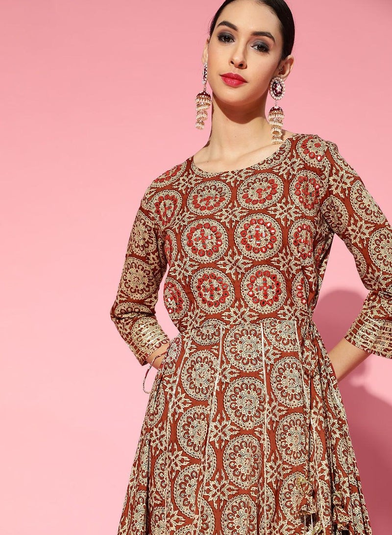 ISHIN Women's Brown 100% Cotton Floral Regular Fit Kurta - Image 1