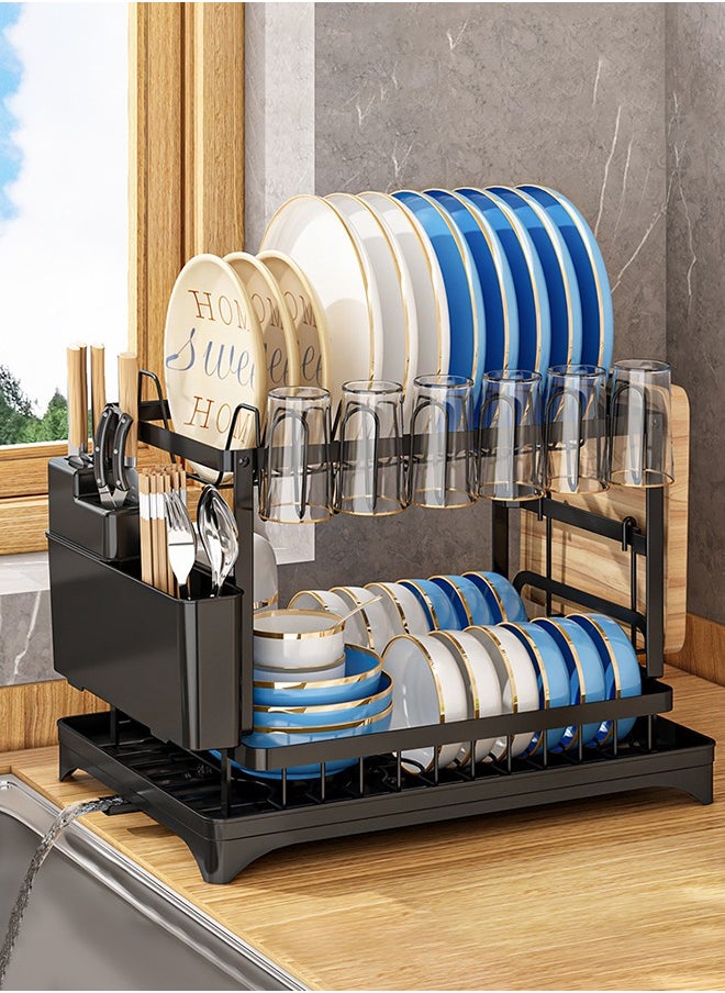 Joshberg 2 Tier Dish Drying Rack with Tray,Drainer Shelf for Kitchen Supplies,Kitchen Organizer Utensils Holder,Black  - Image 1