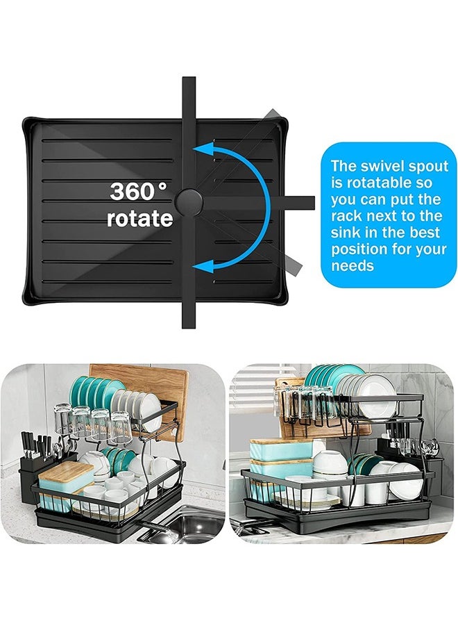 Joshberg 2 Tier Dish Drying Rack with Tray,Drainer Shelf for Kitchen Supplies,Kitchen Organizer Utensils Holder,Black  - Image 4