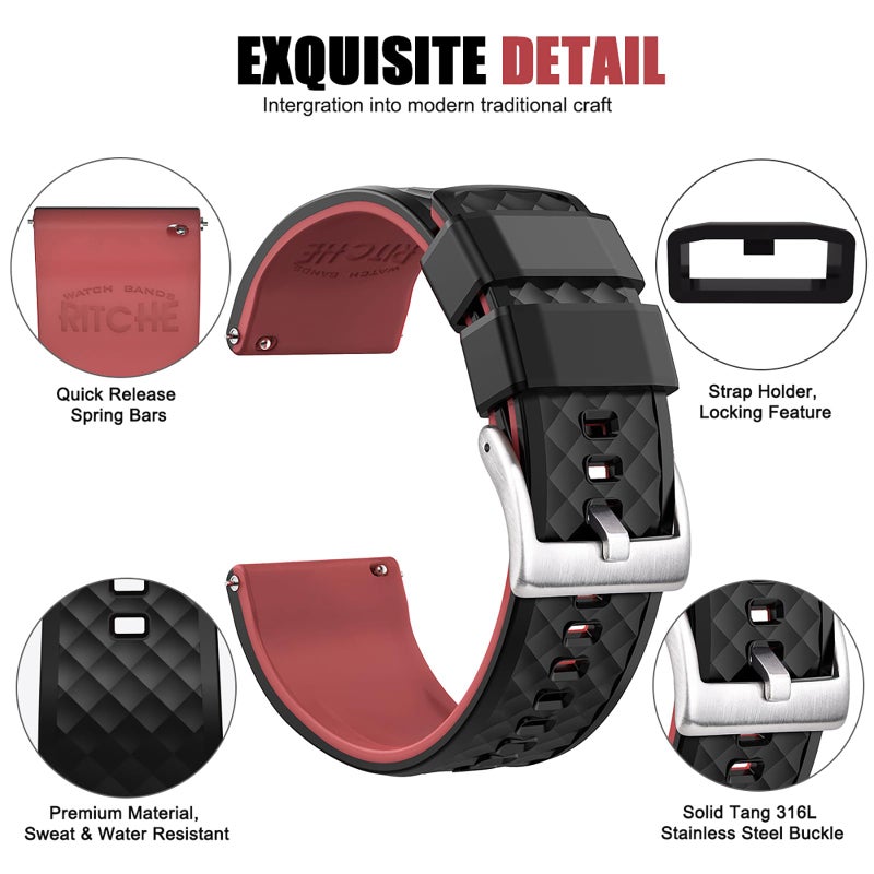 Ritche Silicone Watch Bands 18mm 20mm 22mm 24mm Quick Release Rubber Watch Bands for Men, Black / Crimson Red / Silver, 20mm, Classic,Sport - Image 2