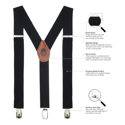 Peluche Plaid Black Black Coloured 3.5cm Strap Width Elastic Suspenders for Men - Image 3