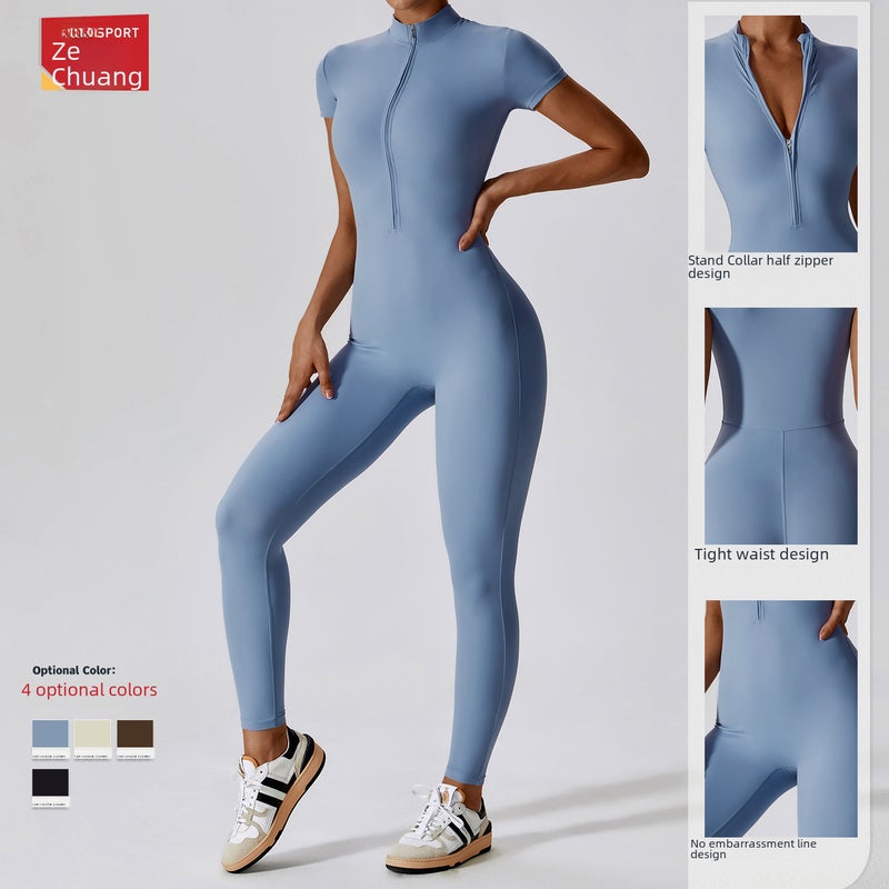 Zippered Short Sleeve Yoga Jumpsuit Women 8305 Advanced Black - Image 4