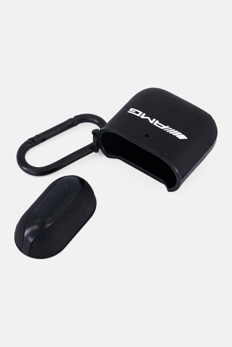 AMG حافظة سماعات أيربودز 1/2 بشعار العلامة التجارية مع حلقة مفاتيح وكارابيني معدني، أسود - Image 3