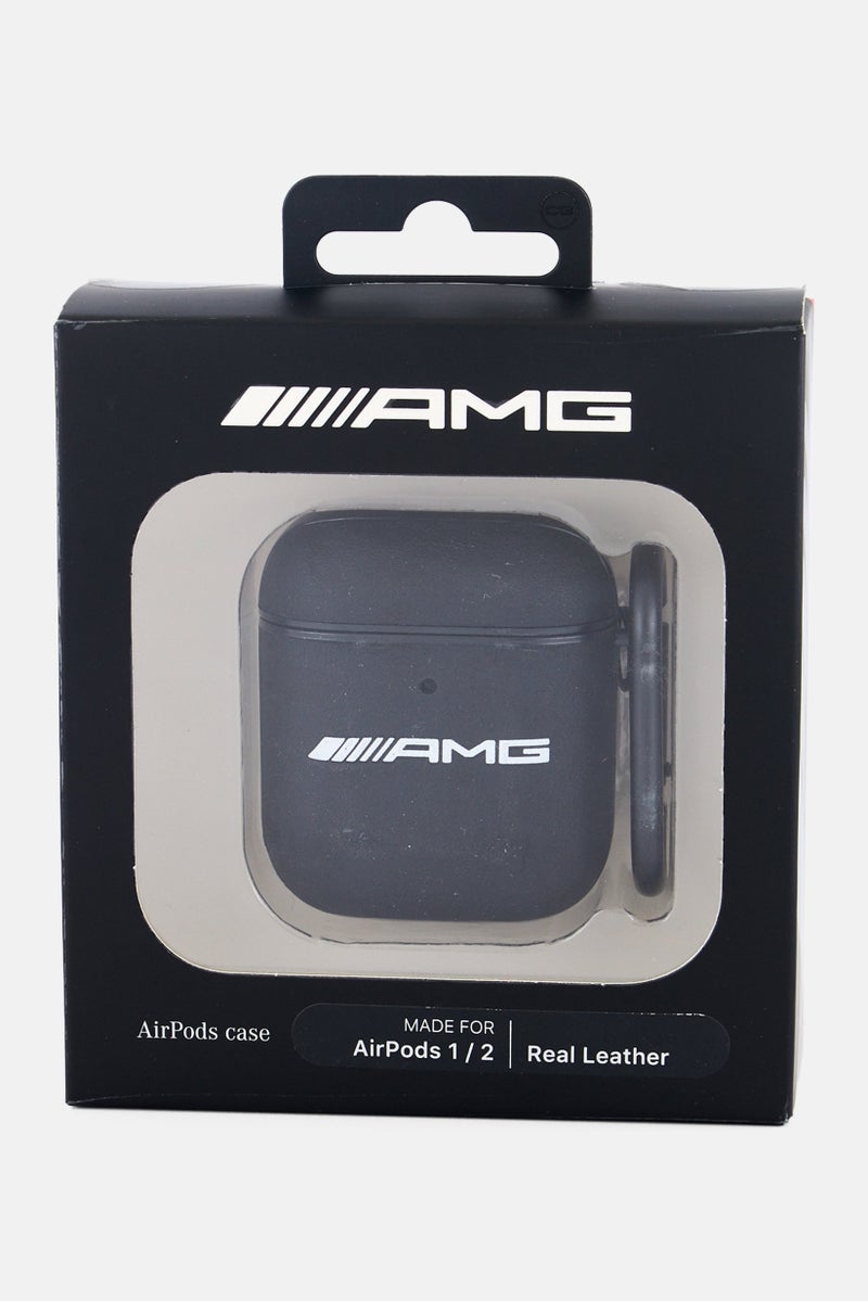 AMG حافظة سماعات أيربودز 1/2 بشعار العلامة التجارية مع حلقة مفاتيح وكارابيني معدني، أسود - Image 1