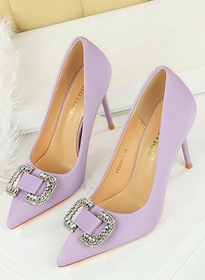 BIGTREE Women's Satin Closed Pointed Toe Stiletto Pump Rhinestone Square Buckle Decoration High Heels Light Purple 10 CM - Image 1