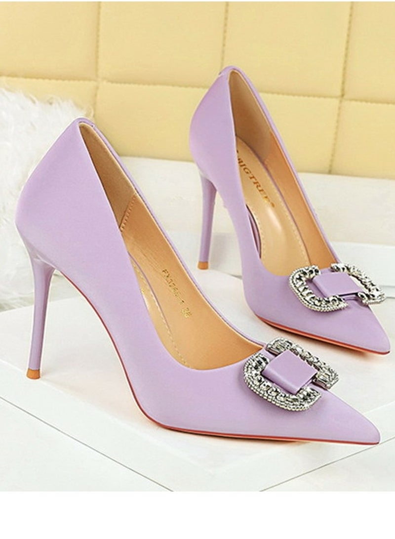 BIGTREE Women's Satin Closed Pointed Toe Stiletto Pump Rhinestone Square Buckle Decoration High Heels Light Purple 10 CM - Image 2