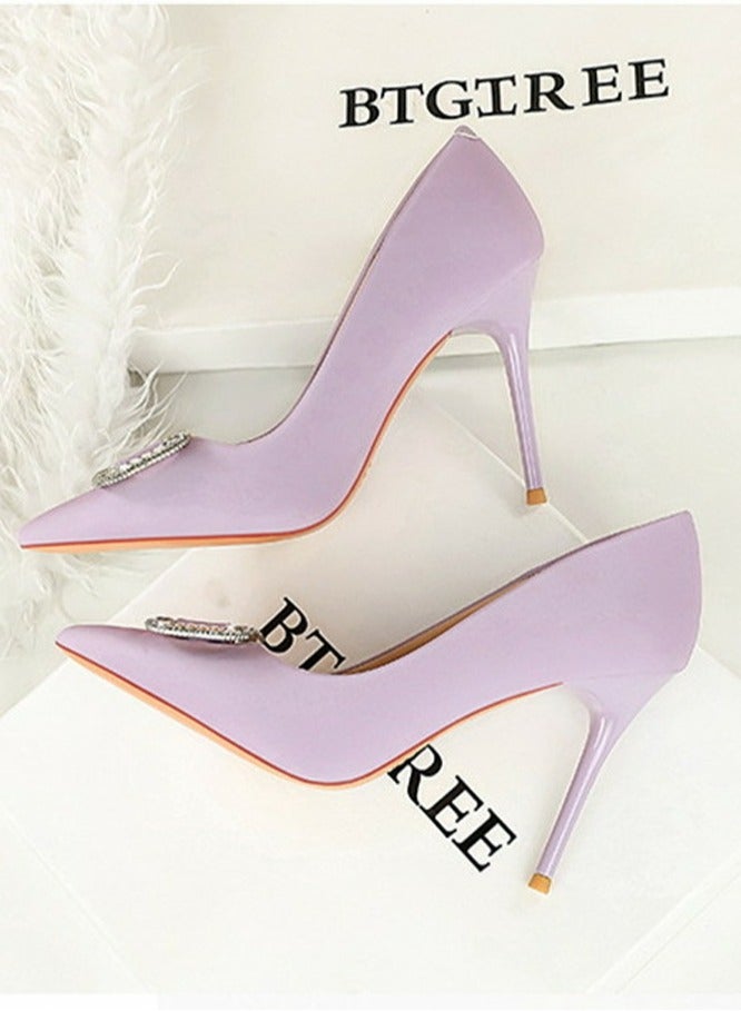 BIGTREE Women's Satin Closed Pointed Toe Stiletto Pump Rhinestone Square Buckle Decoration High Heels Light Purple 10 CM - Image 3