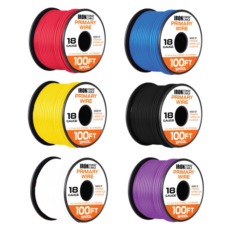 Iron Forge Cable 18 Gauge Primary Automotive Wire - 6 Roll Assortment Pack - 100 Ft of Copper Clad Aluminum Wire per Roll - Image 1