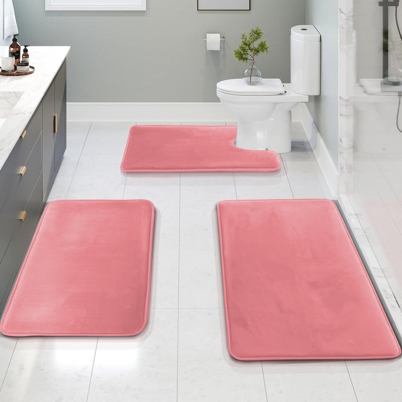 Clara Clark 3 Piece Bathroom Rugs Bath Mat Set, Velvet Memory Foam Bath Mats for Bathroom - Non-Slip, PVC Backing Bath Rugs, Washable - Dries Quickly, Pink - Image 1
