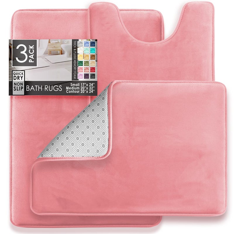Clara Clark 3 Piece Bathroom Rugs Bath Mat Set, Velvet Memory Foam Bath Mats for Bathroom - Non-Slip, PVC Backing Bath Rugs, Washable - Dries Quickly, Pink - Image 2