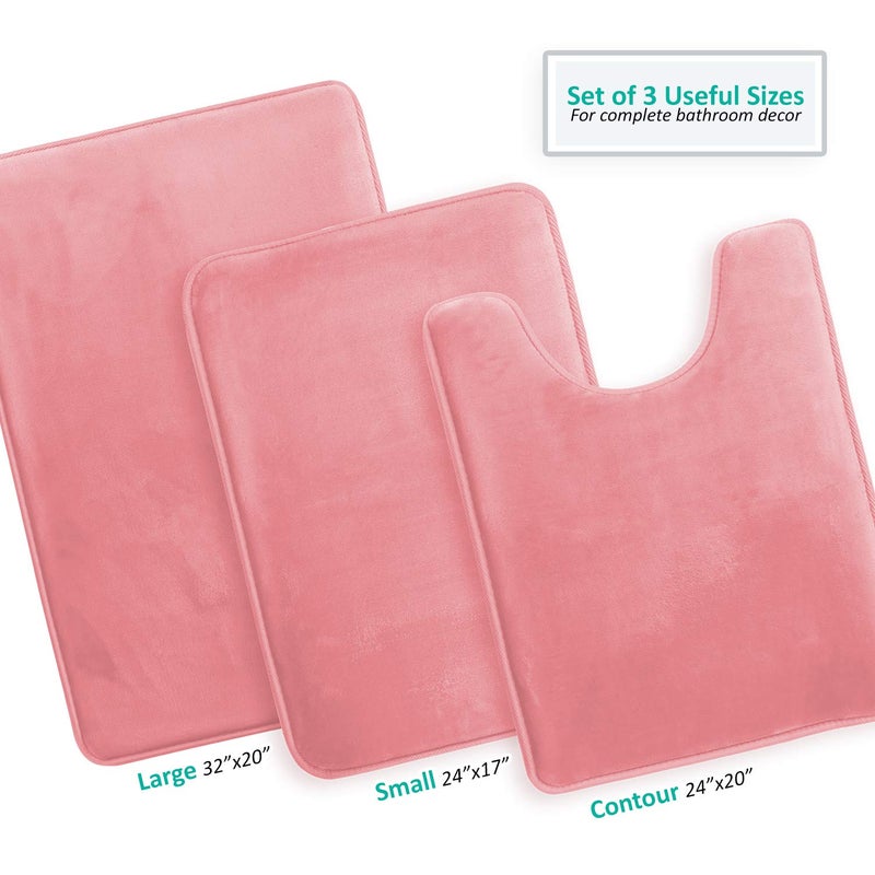 Clara Clark 3 Piece Bathroom Rugs Bath Mat Set, Velvet Memory Foam Bath Mats for Bathroom - Non-Slip, PVC Backing Bath Rugs, Washable - Dries Quickly, Pink - Image 3