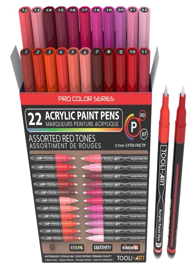 TOOLI-ART Acrylic Paint Pens 22 Red & Pink Tones Assorted Pro Color Series Markers Set 0.7mm Extra Fine Tip for Rock Painting, Glass, Mugs, Wood, Metal, Canvas, Projects, Non Toxic, Waterbased, Quick Drying - Image 1
