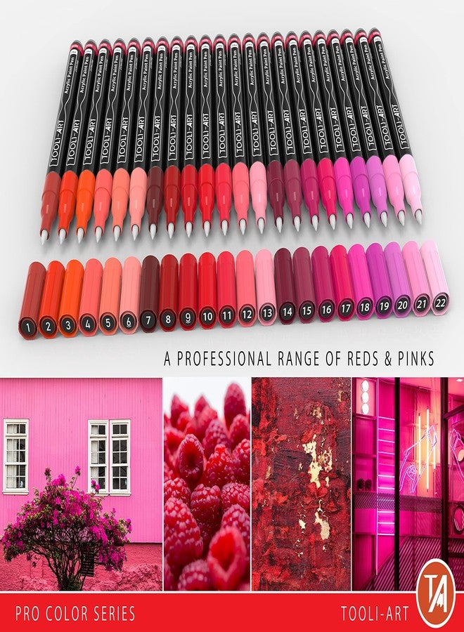 TOOLI-ART Acrylic Paint Pens 22 Red & Pink Tones Assorted Pro Color Series Markers Set 0.7mm Extra Fine Tip for Rock Painting, Glass, Mugs, Wood, Metal, Canvas, Projects, Non Toxic, Waterbased, Quick Drying - Image 2