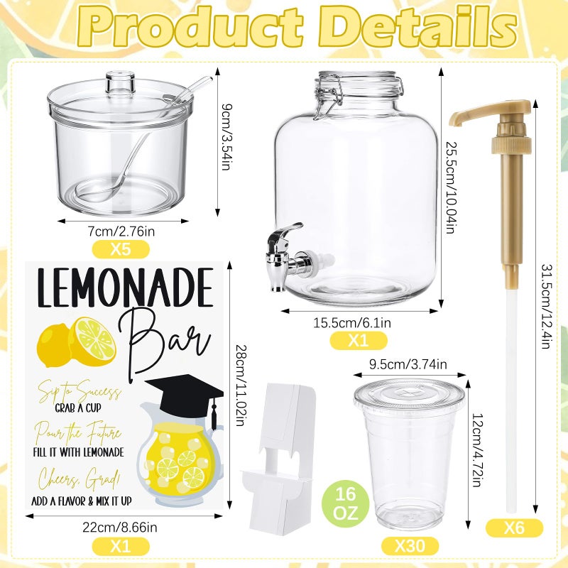 Jingmore 43 Pcs 2026 Graduation Freshly Lemonade Stand Complete Accessories Kit Lemon Bar Sign Class of 2026 Jar Drink Station Glass Beverage Dispenser Plastic Cup Jam Pump Head Party Decorations - Image 2
