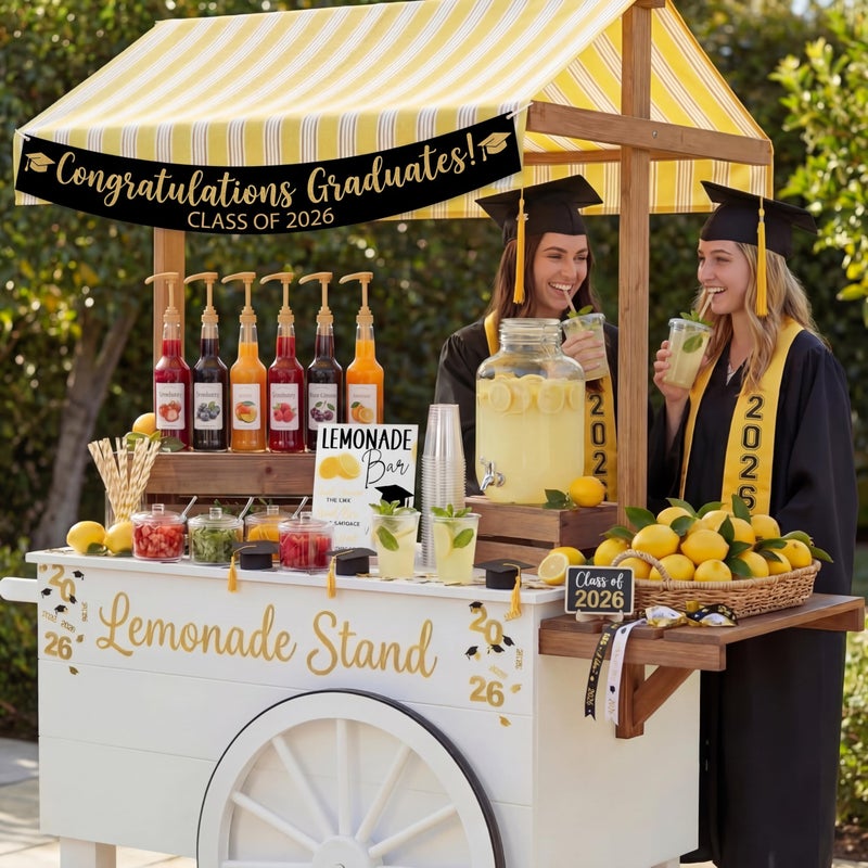 Jingmore 43 Pcs 2026 Graduation Freshly Lemonade Stand Complete Accessories Kit Lemon Bar Sign Class of 2026 Jar Drink Station Glass Beverage Dispenser Plastic Cup Jam Pump Head Party Decorations - Image 5