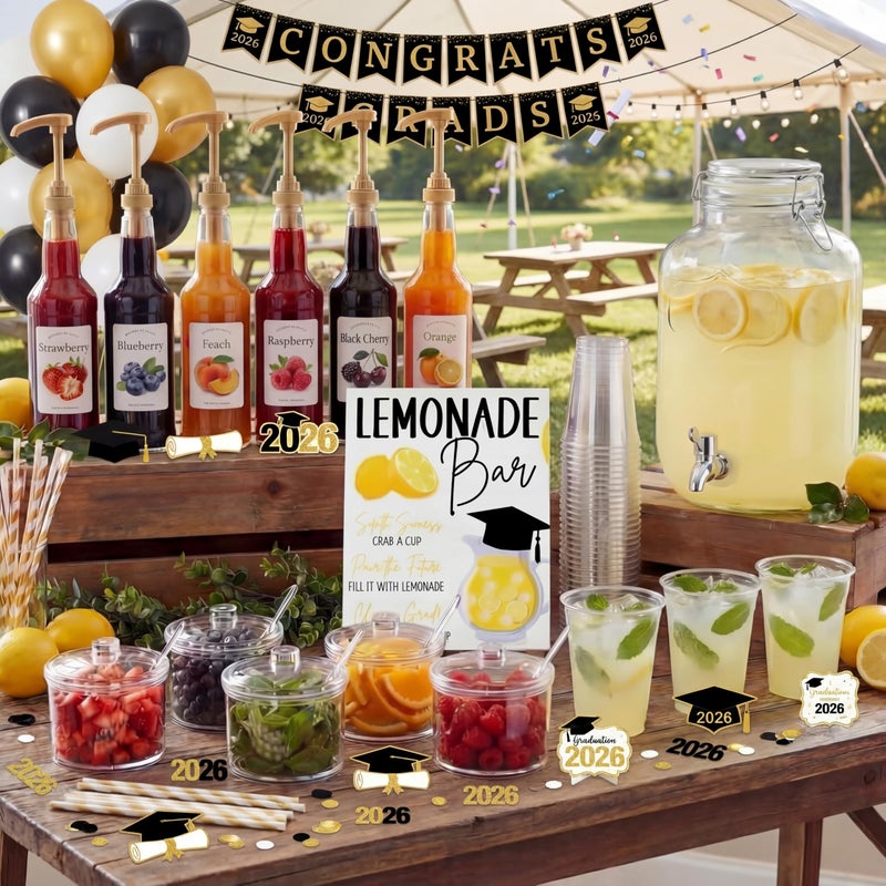 Jingmore 43 Pcs 2026 Graduation Freshly Lemonade Stand Complete Accessories Kit Lemon Bar Sign Class of 2026 Jar Drink Station Glass Beverage Dispenser Plastic Cup Jam Pump Head Party Decorations - Image 1