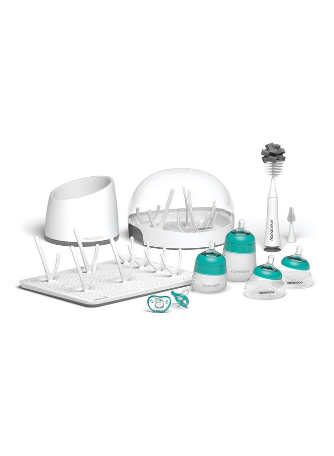 Nanobébé Breastmilk and Silicone Baby Bottle Ultimate Set Gen 2, 5oz and 9oz - with Sterilizer, Drying Rack, Anti-Colic Nipples, Pacifiers, and Warmer - Teal/Grey - Image 1