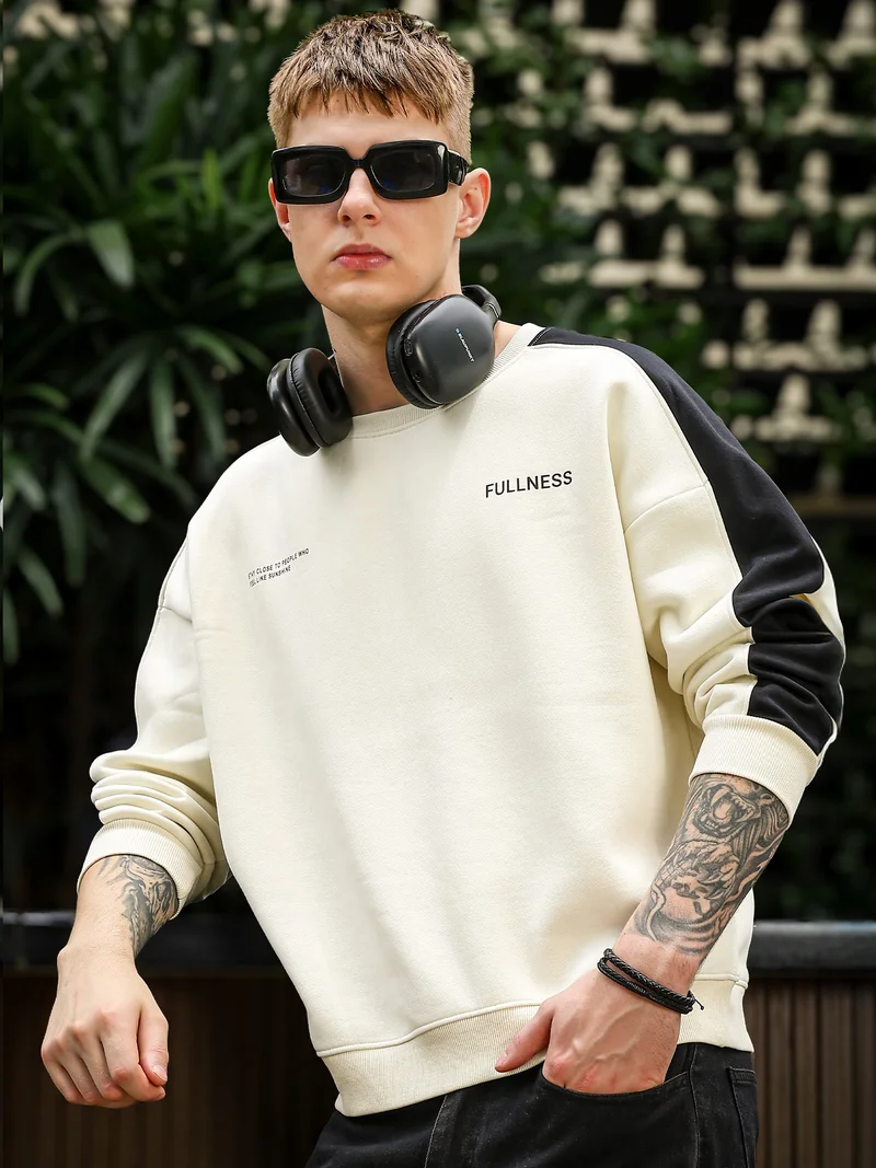 مانياك Maniac Mens Color Block Round Neck Full Sleeve Cream and Black Cotton Fleece Sweatshirt