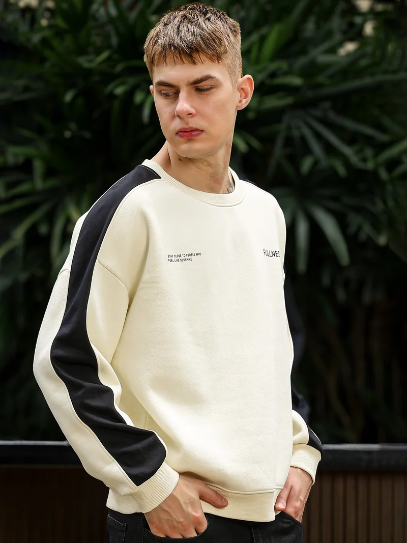 Maniac  Maniac Mens Color Block Round Neck Full Sleeve Cream and Black Cotton Fleece Sweatshirt for Men | Best Price UAE