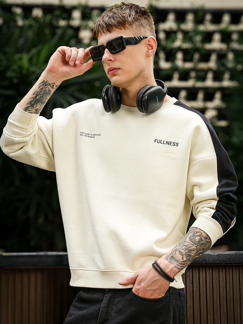 مانياك Maniac Mens Color Block Round Neck Full Sleeve Cream and Black Cotton Fleece Sweatshirt