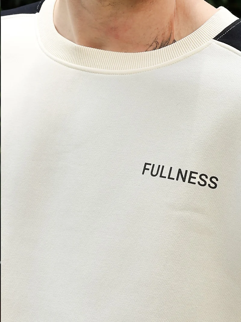 Maniac  Maniac Mens Color Block Round Neck Full Sleeve Cream and Black Cotton Fleece Sweatshirt for Men | Best Price UAE