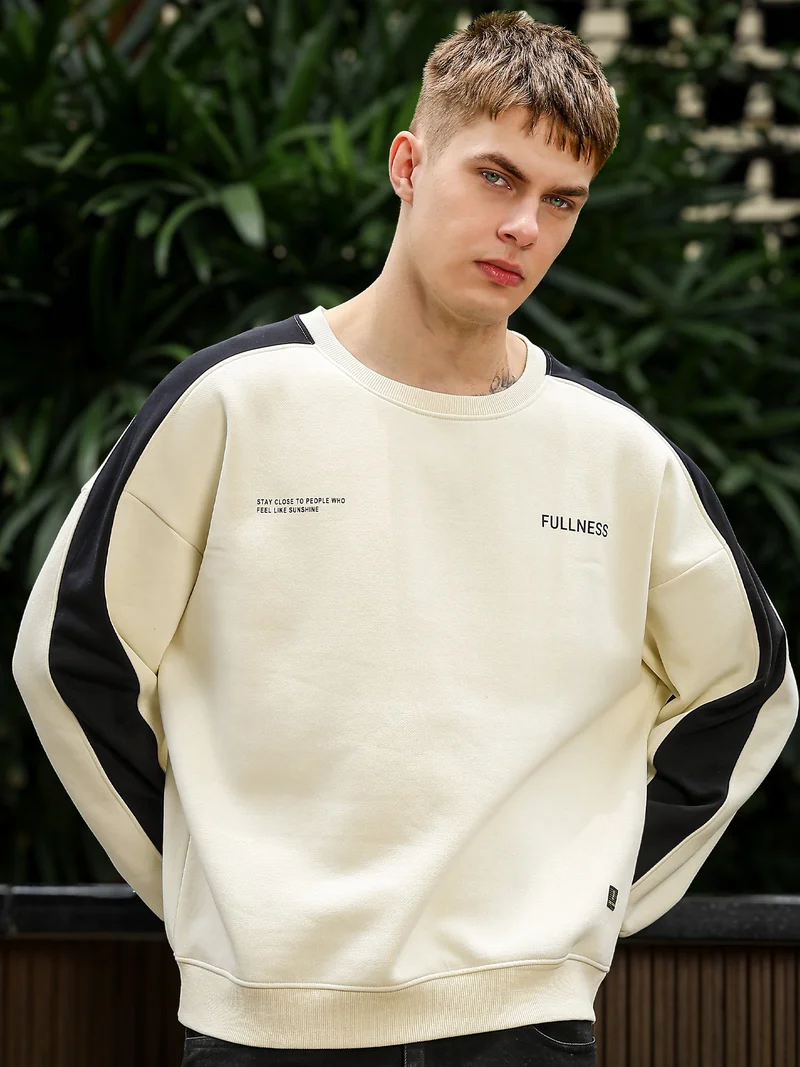 Maniac  Maniac Mens Color Block Round Neck Full Sleeve Cream and Black Cotton Fleece Sweatshirt for Men | Best Price UAE