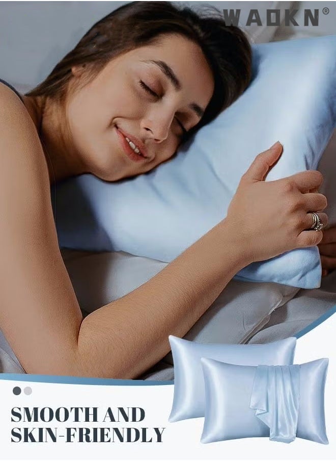 WAOKN 2-Piece Silk Pillowcase for Hair and Skin,- Allergen Resistant Dual Sides,Soft,Breathable and Sliky Silk Pillowcases King Set of 2,Silk Pillow Cases with Hidden Zipper,Soft Breathable (51*102CM,Blue)  - Image 5
