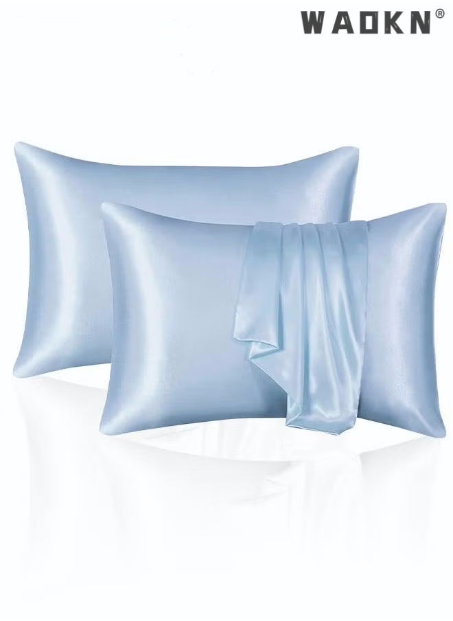 WAOKN 2-Piece Silk Pillowcase for Hair and Skin,- Allergen Resistant Dual Sides,Soft,Breathable and Sliky Silk Pillowcases King Set of 2,Silk Pillow Cases with Hidden Zipper,Soft Breathable (51*102CM,Blue)  - Image 1