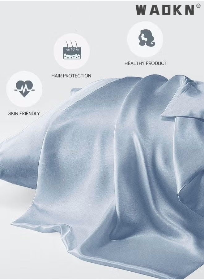 WAOKN 2-Piece Silk Pillowcase for Hair and Skin,- Allergen Resistant Dual Sides,Soft,Breathable and Sliky Silk Pillowcases King Set of 2,Silk Pillow Cases with Hidden Zipper,Soft Breathable (51*102CM,Blue)  - Image 2