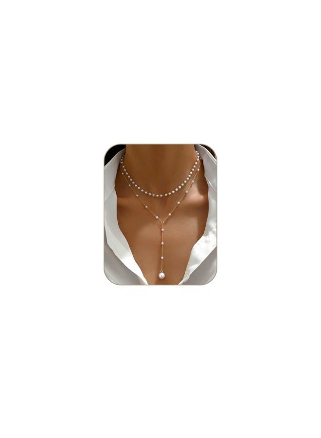Aisansty Layered Pearl Choker Neckalces for Women 16k Gold Plated Dainty Faux Pearl Drop Pendant Y shaped Layered Necklace Gift Gold Jewelry for Women - Image 1