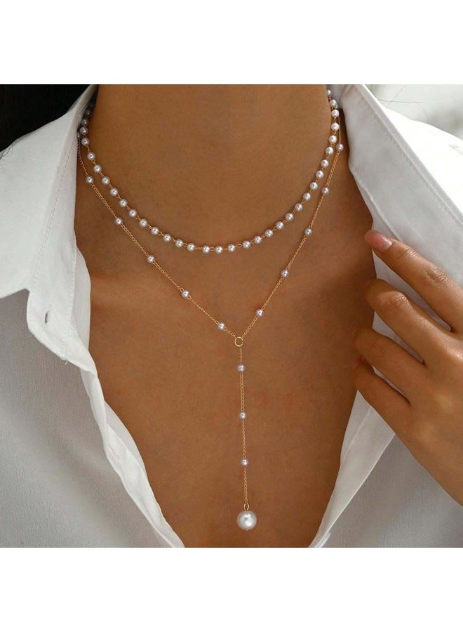 Aisansty Layered Pearl Choker Neckalces for Women 16k Gold Plated Dainty Faux Pearl Drop Pendant Y shaped Layered Necklace Gift Gold Jewelry for Women - Image 3