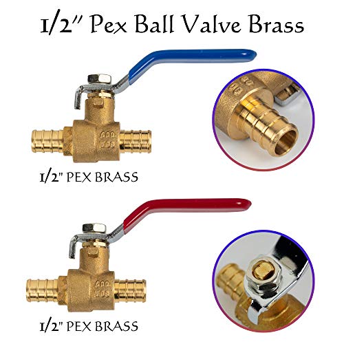 Hourleey 10 Pieces 1/2 Inch Pex Brass Full Port Shut Off Ball Valve HOT AND COLD, Quarter Turn HOT (RED) COLD (BLUE) of Brass Water Stop Shutt off - Image 5