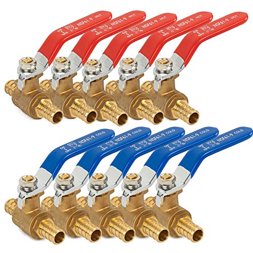 Hourleey 10 Pieces 1/2 Inch Pex Brass Full Port Shut Off Ball Valve HOT AND COLD, Quarter Turn HOT (RED) COLD (BLUE) of Brass Water Stop Shutt off - Image 1