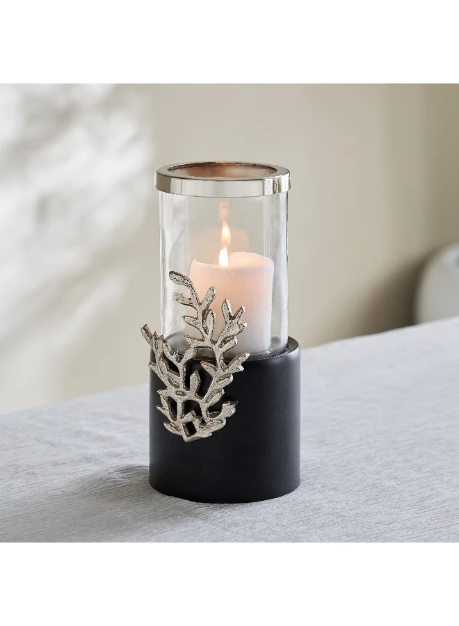 Home Box Nordic Glass Hurricane Candleholder with Aluminium Motif and Wooden Base - 13x13x25 cm
