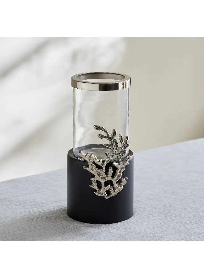 Home Box Nordic Glass Hurricane Candleholder with Aluminium Motif and Wooden Base - 13x13x25 cm