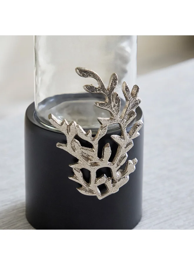 Home Box Nordic Glass Hurricane Candleholder with Aluminium Motif and Wooden Base - 13x13x25 cm