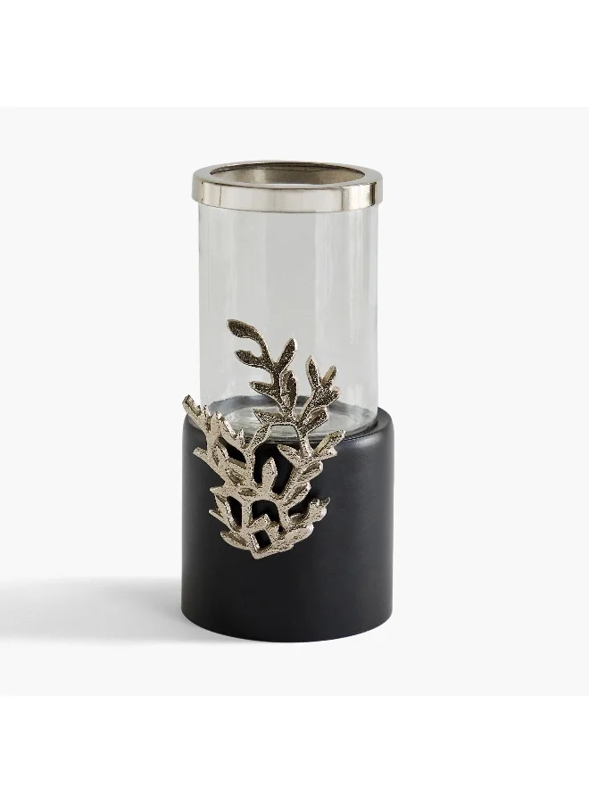 Home Box Nordic Glass Hurricane Candleholder with Aluminium Motif and Wooden Base - 13x13x25 cm
